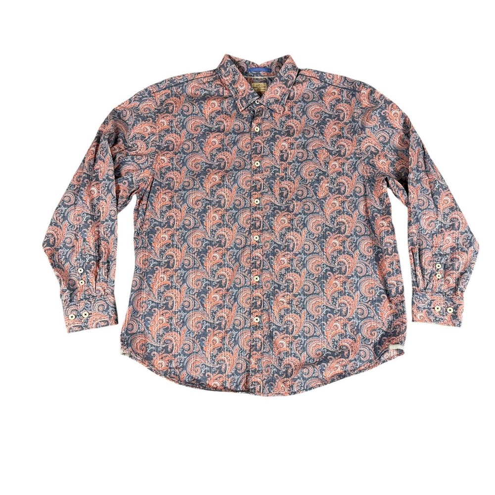Tommy Bahama Button Down Mens XXL Blue Orange Paisley Cotton Shirt Cruise Boho